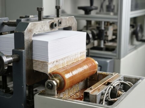 perfect binding glue roller Paper cutting machine slicing a thick stack of white sheets in a factory
