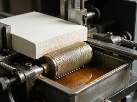 perfect binding glue roller Industrial paper machine with ink roller and stacked sheets ready for printing