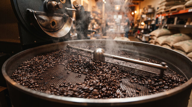 Fresh coffee beans cooling and spinning in a professional roasting machine tray with aromatic steam rising inside a modern craft coffee shop and roastery