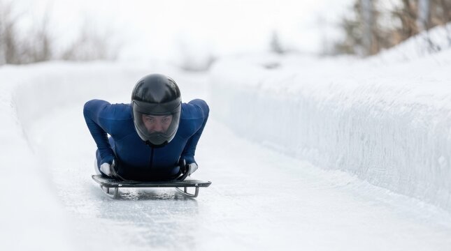 Skeleton racer speeding headfirst down an ice track. Bobsled athlete sliding on a skeleton sled in winter sports competition