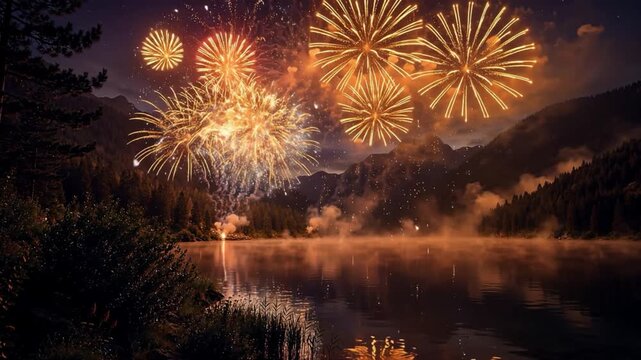Beautiful Golden Fireworks Display Exploding Over a Calm Mountain Lake at Night with Reflections on the Water Surface and Silhouette of Pine Trees and Mist in the Alpine Wilderness.