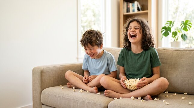 Two joyful children laughing heartily while sharing a bowl of popcorn on a sofa, celebrating National Popcorn Day