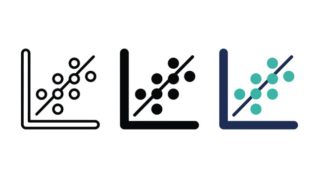 Set of three linear regression chart icons, showing data points and a trend line, representing statistical analysis, data science, and correlation visualization
