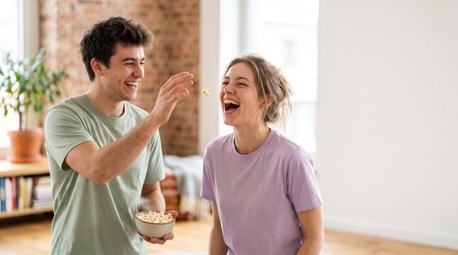 Joyful couple sharing popcorn and laughing heartily on National Popcorn Day celebration at home