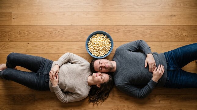 Couple resting on wooden floor with bowl of popcorn celebrating National Popcorn Day