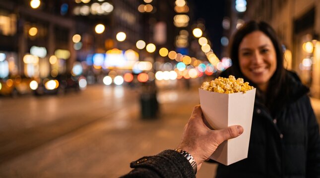 Sharing a box of popcorn with a smiling woman on a city street at night, celebrating National Popcorn Day