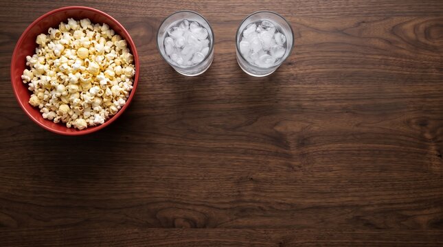A bowl of fluffy popcorn and two glasses of ice water on a dark wooden table, perfect for National Popcorn Day celebrations