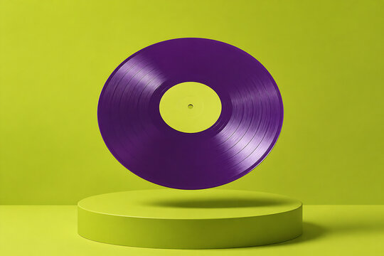 A purple vinyl record is displayed on a bright green circular pedestal against a solid lime green background.