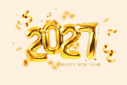 Happy New Year 2027 concept with golden foil number balloons, flying serpentine ribbon, confetti, and text on light beige background. Festive celebration banner for holiday party invitation.