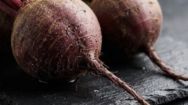 Pair of raw red beetroots on dark slate board