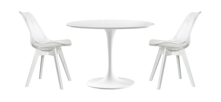white round dining table with two chairs isolated on a white background