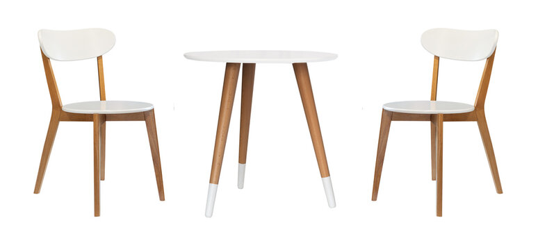 set with a round white table and two wooden chairs  isolated on a white background