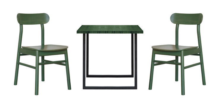 wooden dining set with a square table and two chairs isolated on a white background