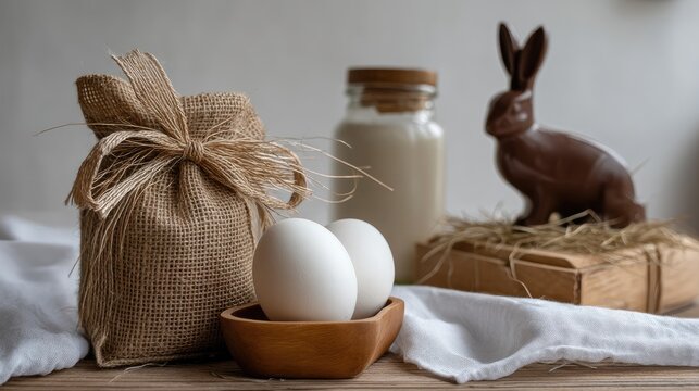 Chocolate bunnies and eggs arranged on a wooden surface create a festive Easter scene in bright natural light