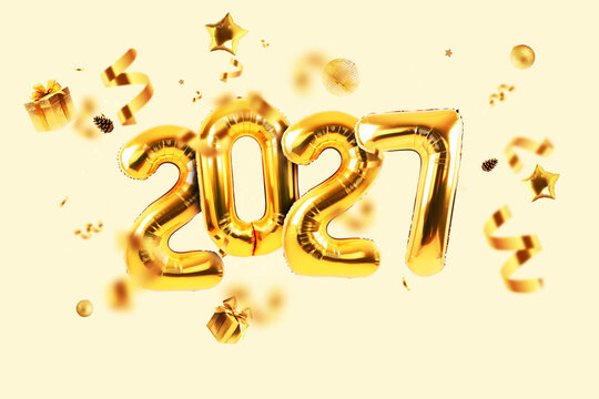 Happy New Year 2027 party background with golden foil number balloons, gift boxes, disco ball, stars, confetti, and serpentine on light beige background. Festive holiday celebration concept banner.