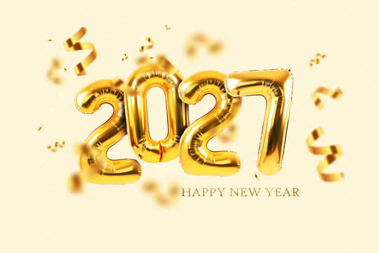 Happy New Year 2027 concept with golden foil number balloons, flying serpentine ribbons, confetti, and text on light beige background. Festive celebration banner for holiday party invitation.