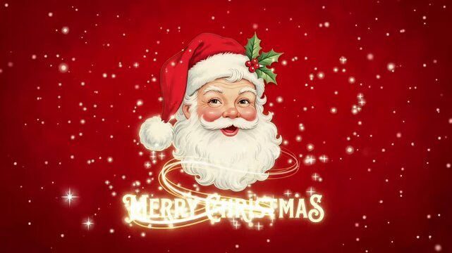 santa claus face merry christmas background animation loop with falling snow 3d render
