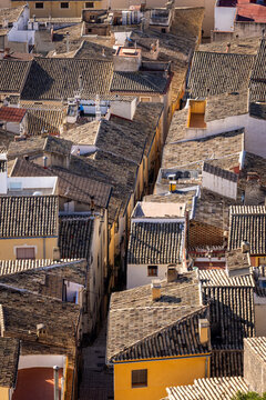 Aerial view of the historic centre of Biar, Alicante, Spain, with its colourful fa&ccedil;ades