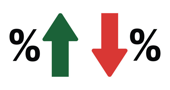 Isolated percentage signs with green upward arrow and red downward arrow indicating statistical increase or decrease and market fluctuations concept icon