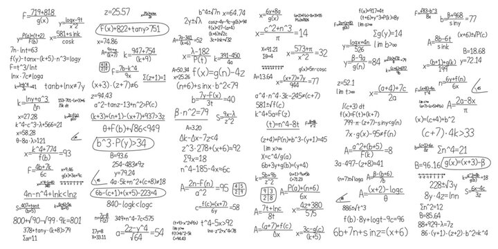 White and grey abstract scribbled equations and science notes background vector