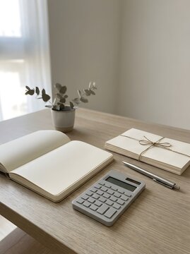 Calculator with notebook and pen on an office desk