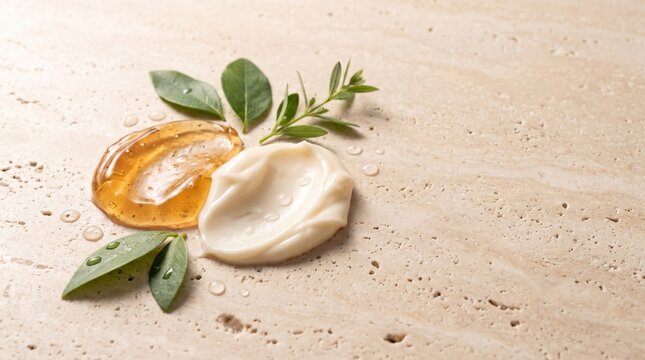 Abstract Amber Gel and Cream Textures for Beauty Advertising.
Glossy amber gel, ivory cream, and botanical leaves in a minimalist beauty composition.