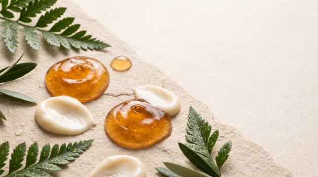 Abstract Amber Gel and Cream Textures for Beauty Advertising.
Glossy amber gel, ivory cream, and botanical leaves in a minimalist beauty composition.