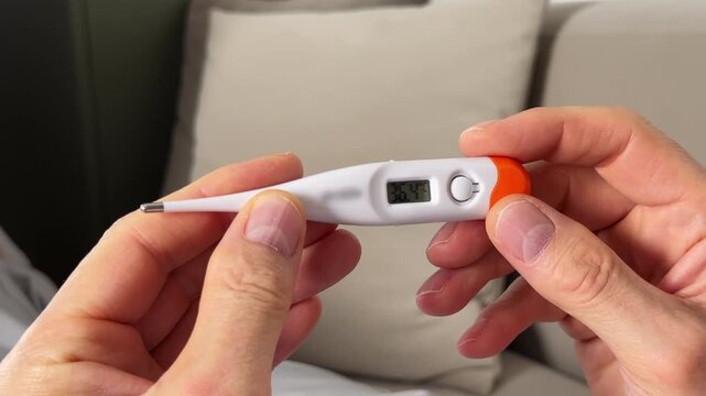 Normal temperature 36.4 on thermometer in male hand. Healthy reading in celsius with 97.5 fahrenheit near sofa. Home check after recovery..