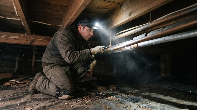 Technician inspecting leaking pipe in dark crawl space with headlamp