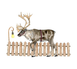 a beautiful watercolor illustration featuring a reindeer, a lantern, and a wooden fence © Mary