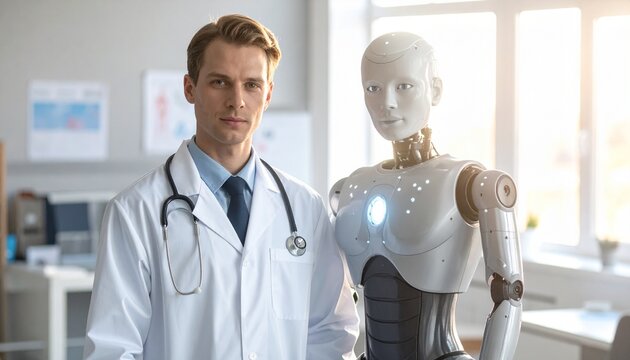 Portrait of a young doctor standing next to a robot assistant 