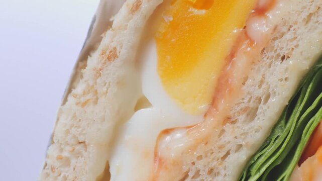 Macro close-up shot of a fresh sandwich showing bread texture, lettuce, and vegetable filling Hard boiled egg cut in half Ideal for food	