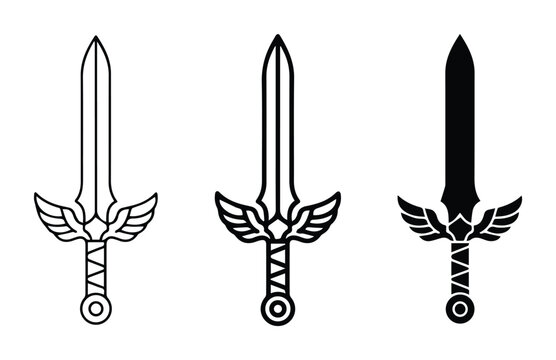 Sword icons set with winged hilts, fantasy weapon and emblem for logo