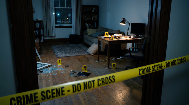 Crime scene investigation of a shattered living room with scattered debris and yellow police tape
