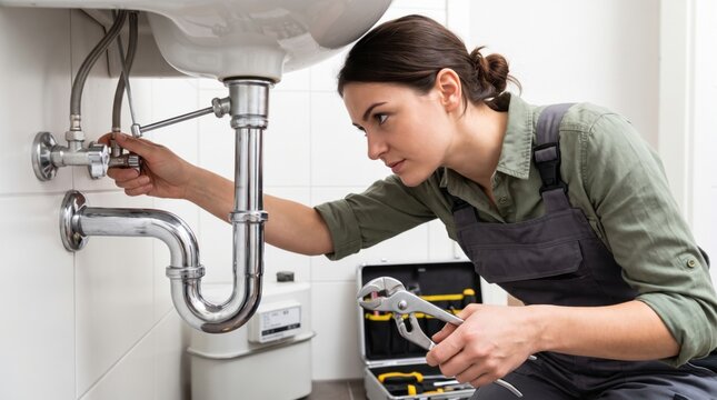 Female plumber fixing sink plumbing in bright kitchen, focused worker using wrench beneath basin with exposed drain pipe and repair tools nearby