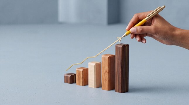 Human hand using a pen to draw an upward trending arrow graph with wooden bar chart segments, representing financial growth and business strategy