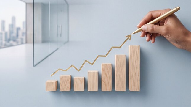 Hand drawing upward trend line graph on wooden blocks representing business growth and financial success, strategic planning and data analysis