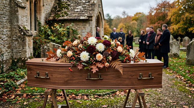 dignified funeral procession outdoors with a polished wooden casket adorned with a lush floral arrangement surrounded by