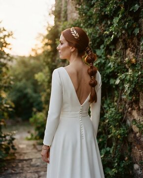 Hermosa novia con elegante vestido blanco de manga larga, espalda descubierta posando con estilo cl&aacute;sico junto a un muro de piedra natural cubierto de vegetaci&oacute;n verde al atardecer. Boda rural r&uacute;stica
