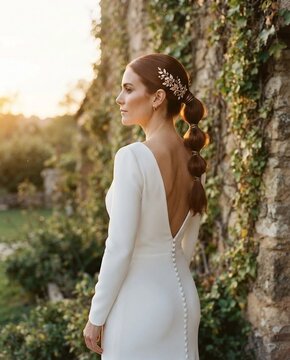 Joven novia sonriente sosteniendo un precioso ramo de flores silvestres mientras luce un refinado vestido blanco con botones traseros frente a un entorno campestre iluminado por el sol crepuscular.
