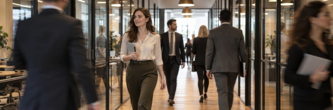 Businesswoman walking through modern office corridor with coworkers in contemporary workplace