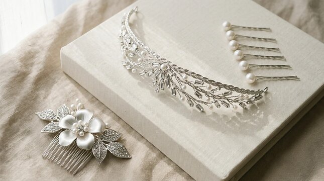 Bodeg&oacute;n cenital de elegantes accesorios nupciales plateados sobre libro y tela beige, tiara brillante con cristales, peineta floral detallada y conjunto de horquillas con perlas. Joyer&iacute;a nupcial boda