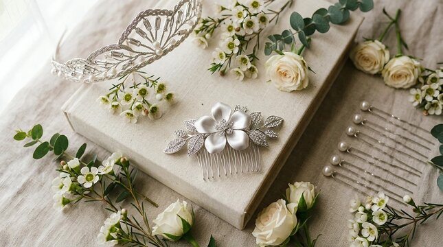 Composici&oacute;n cenital de joyer&iacute;a nupcial en tono plata con tiara, peineta floral y horquillas de perla, rodeadas por bellas rosas blancas y ramas de eucalipto sobre libro y lino suave.