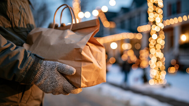 Delivery courier holding a kraft paper food bag on a snowy suburban street with christmas holiday lights cropped at the chest gloved hands with the warm bag and string lights on houses