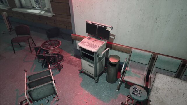 An indoor medical room features computer equipment on a cart, several chairs, and medical items scattered on the floor near a wall.