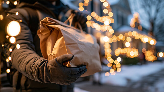 Delivery courier holding a kraft paper food bag on a snowy suburban street with christmas holiday lights cropped at the chest gloved hands with the warm bag and string lights on houses