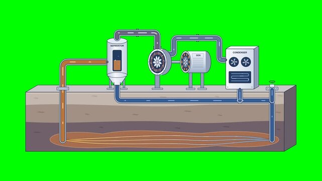 Geothermal deep earth power station animation with subsurface wells, heat extraction and electricity generation on Background Green Screen for chroma key renewable energy and geothermal infrastructure