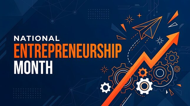 National Entrepreneurship Month banner with paper plane and gears on blue background