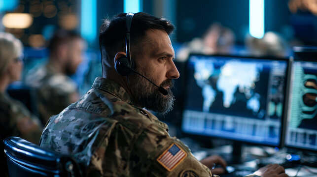 Military cyber operations command center rear three quarter view of an american soldier with a headset and an american flag patch on the shoulder at monitors with world maps and network