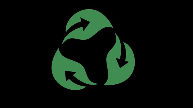 Green recycling symbol rotates smoothly through a full circular turn and subtly scales, high quality video footage for sustainability, reuse, waste reduction, and environmental awareness